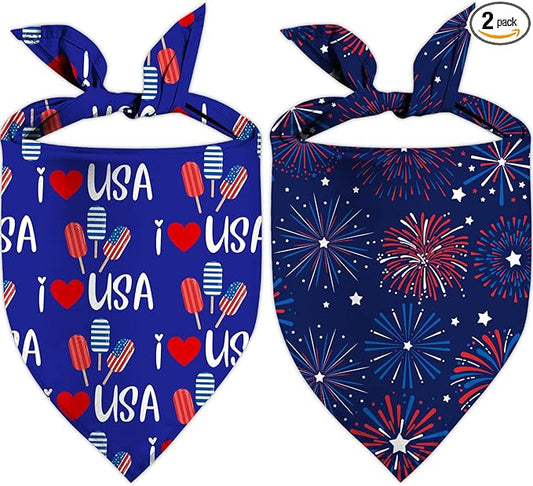 4th of July Dog Bandanas, Patriotic Holiday Party Pet Decorations 2 Pack, Adjustable Independence Day Bandana American Flag Triangle Bibs Cat Scarf Set