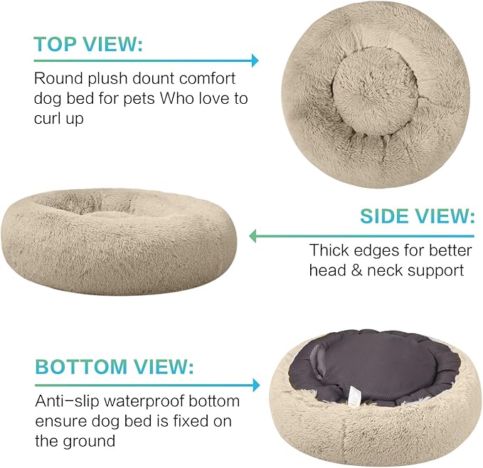 SAVFOX 23 inches Calming Donut Dog Bed - 3X Durable Plush Faux Fur, Machine Washable & Non-Slip, Fits up to 25 lbs, Beige