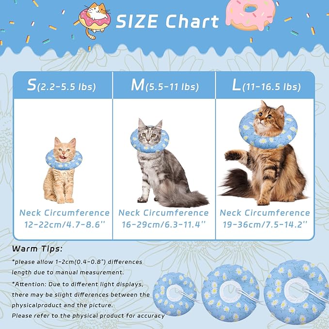 Seyezo Cat Cone Collar Soft, Adjustable Cat Recovery Collars Kitten Cones to Stop Licking, Cute Donut E Collar After Surgery, Anti-Lick Recovery Elizabethan Collar for Kitten(Blue Daisy, Medium)