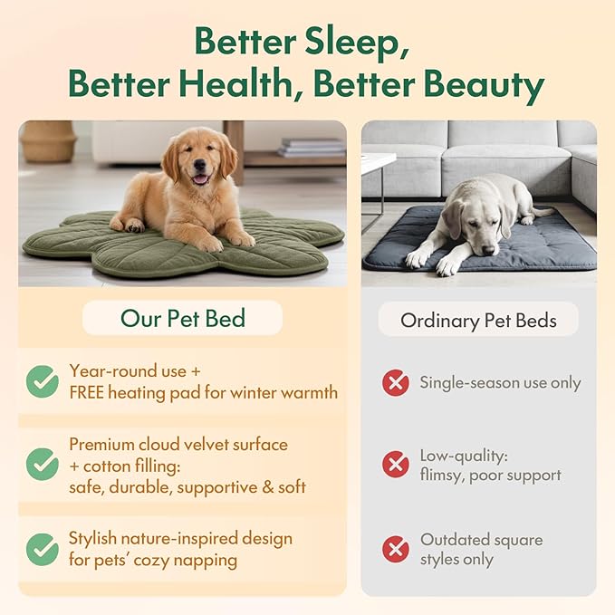 Vagascape Dog Bed, Waterproof Pet Bed with Washable Removable Cover, Comfort Cat Dog Pad for All Seasons, Heating Green Clover Shape Cat Mat with Nonskid Bottom(47"x36")