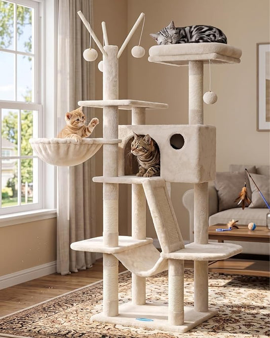 Hey-brother Cat Tree, 53 inch Cat Tower for Indoor Cats, Cat House with Padded Platform Bed, Toy Balls, Large Cozy Condo, Hammocks and Sisal Scratching Posts, Beige MPJ019-SM