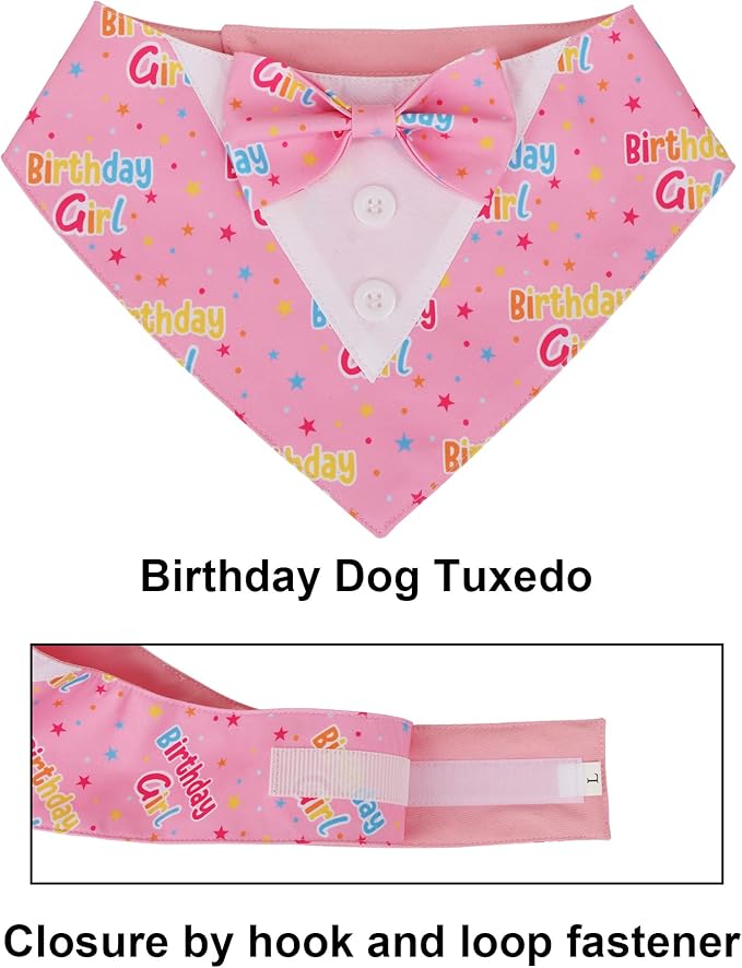 ADOGGYGO Birthday Girl Dog Tuxedo Bandana, Pink Collar with Bow Tie, Adjustable Formal Birthday Costume for Large Dogs (L)