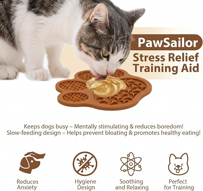 Lick Mat for Dogs and Cats, Slow Feeder Mats with Suction Cups - Bathing, Grooming and Training, Anxiety Relief Feeding Pad,Dishwasher-Safe (PBW03-Brown-paw)