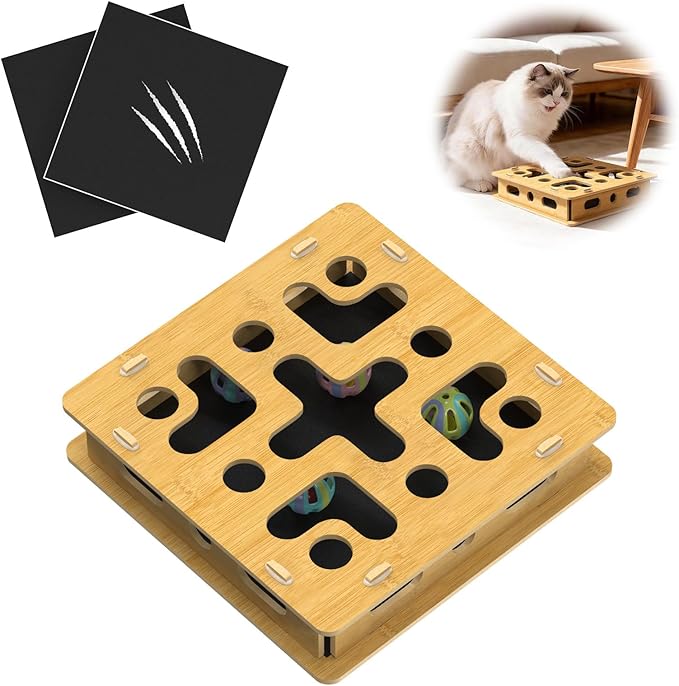 Cat Nail File Box with 3 Sandpaper Pads & 4 Bell Balls, EIODEAR Sturdy Wood Self-Grooming Scratcher for Treat-Motivated Cats, Interactive Cat Scratch Puzzle Enrichment Box with Silicone Security Rings