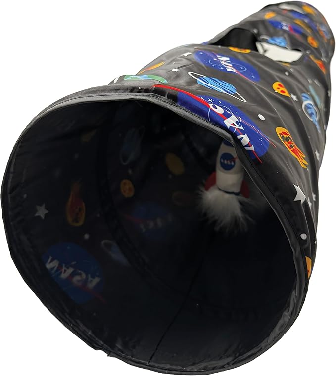 Pets First NASA Cat Tunnel Tube Toy with Plush Football Catnip and Feathers Collapsible Tunnel for Cats to Play, Peek and Hide, Fun Cat Tunnel Toy with NASA Logo All-Over Design!