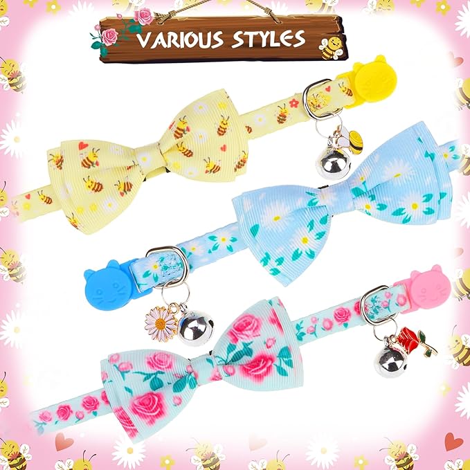 PUPTECK Cat Collar Breakaway with Bells, Kitten Collar Outfit Adjustable for Girl Boy Small Pet Puppy Bunny, Cute Costume Accessory with Safety Release Buckle (Bowtie-Floral)