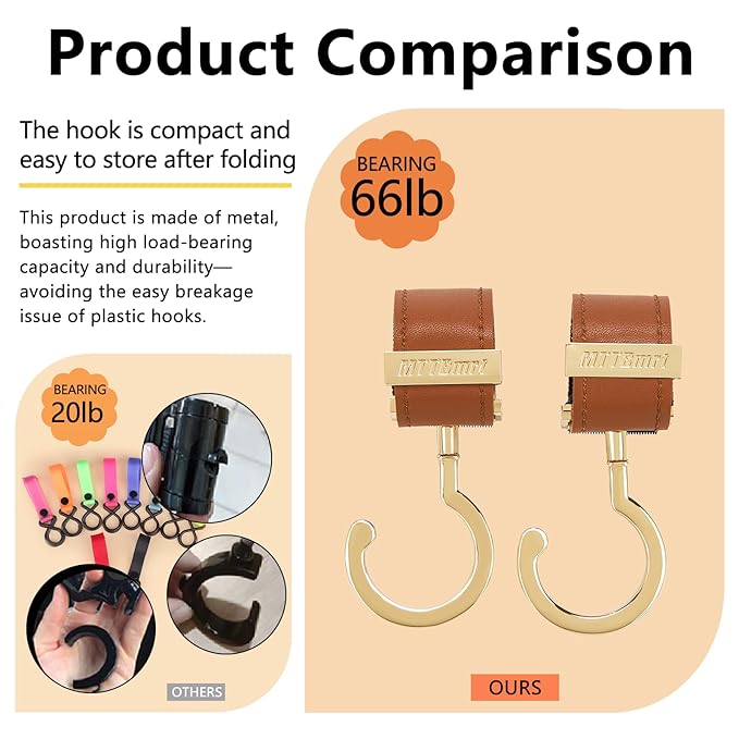2 Pack Stroller Hooks,Strong Synthetic Leather Hook-and-Loop Fastener&High-Quality Metal Hooks,Universal Bag Clip|360° Rotation, 66lb Capacity,Non-Slip-Fits Wheelchair(Pink-Gold)