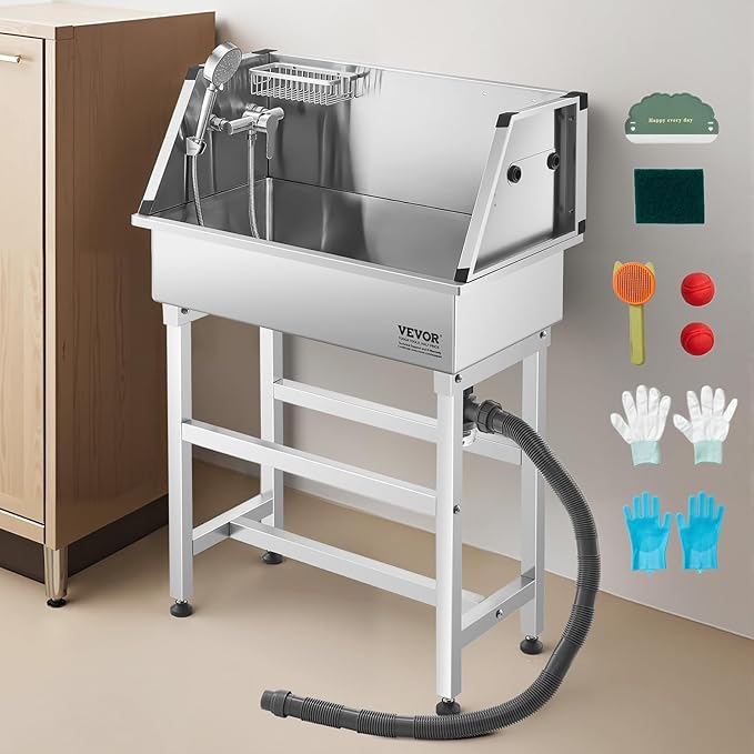 VEVOR Professional Dog Washing Station, 34 Inch Stainless Steel Pet Grooming Tub with Hot & Cold Faucet, Showerhead, Storage Rack, No-Bend All-in-One Bathtub, Home Wash Sink, Fits Small Cats and Dogs