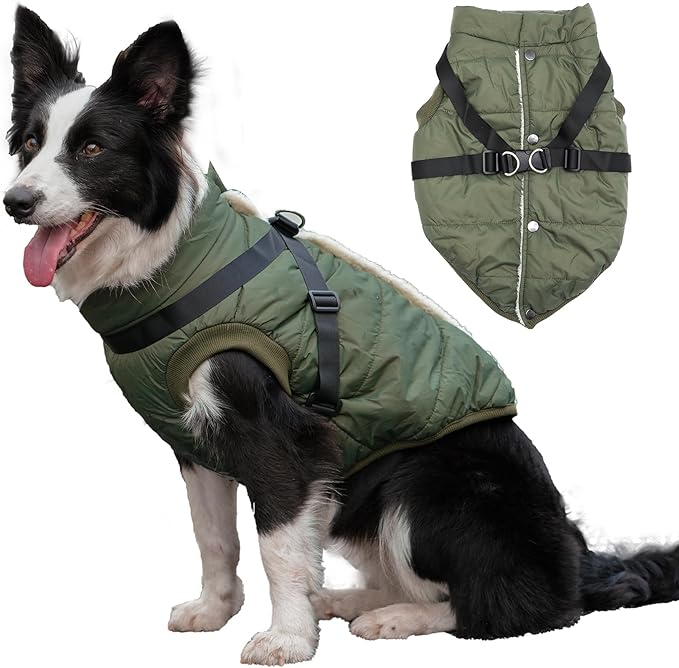 JoyDaog Dog Jacket with Harness,Fleece Lined Warm Puppy Coat for Winter,Soft Windproof Large Dog Vest,Green XXL