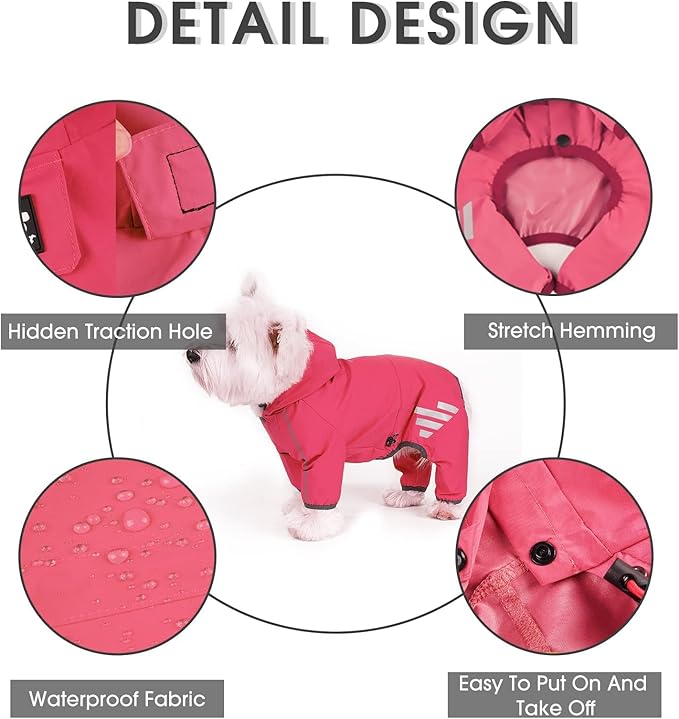 Dog Raincoat, Waterproof Dog Rain Jacket with Hood, Rain Coat with Leash Hole, Reflective Strap for Small Medium Dogs, Outdoor Adventures/Walking Lightweight Puppy（Pink,L）