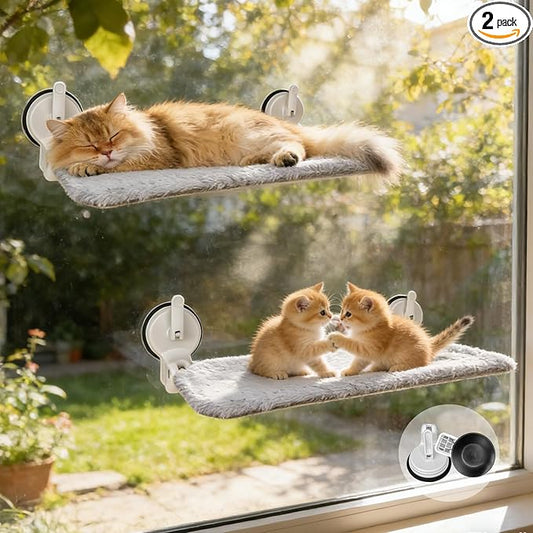 L&W BROS. 2PC Cat Window Perch with Lever Lock Suction Cups Holds up to 50 lbs Foldable & Space Saving Design Heavy Duty Window Hammock for Large or Multiple Cats (M 2Pc)