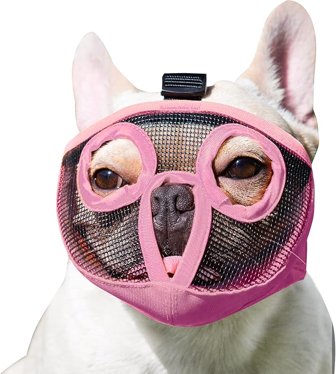 Short Snout Dog Muzzles- Adjustable Breathable Mesh Bulldog Muzzle for Biting Chewing Licking Training Grooming Dog Mask (Pink, Large/15-25")