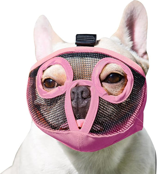 Short Snout Dog Muzzles- Adjustable Breathable Mesh Bulldog Muzzle for Biting Chewing Licking Training Grooming Dog Mask (Pink, Medium/11-17")