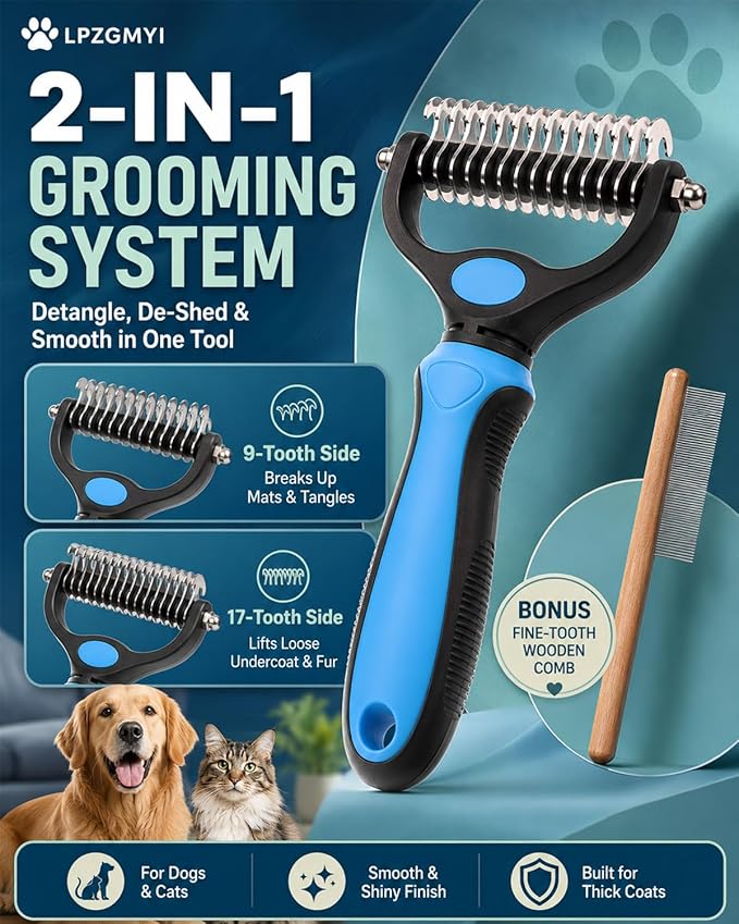 Pro Pet Grooming Tool, Undercoat Rake for Dogs Deshedding Brush Double Sided Cat Brushes Long Hair Dematting Comb Professional Extra-Wide Stainless Steel Teeth Supplies for Matted Fur on Cats (Blue)