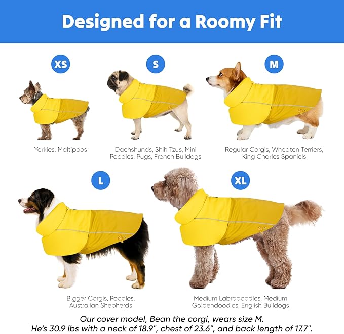 LOWRIDER Dog Raincoat- Adjustable Waterproof, Windproof, and Lightweight All Weather Rain Jacket and Poncho with Reflective Stripes, Yellow (Small)