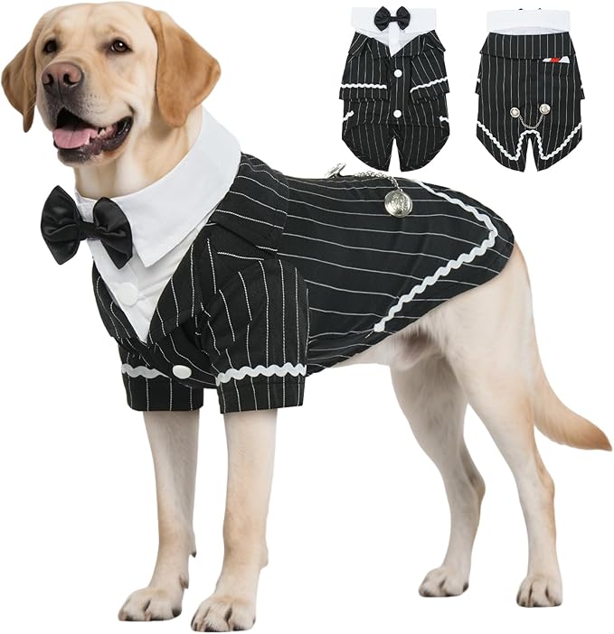 DENTRUN Dog Tuxedo Suit with Bow Tie - Formal Black & White Striped Pet Costume Shirt, Elegant Wedding Outfit Birthday Party Attire for Golden Retriever Husky Border Collie Large Dogs, XXXL
