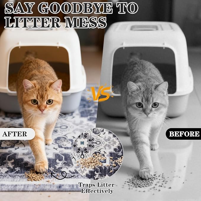 EXPAWLORER Cat Litter Mat, 32”x48” XL Non-Slip Urine Waterproof Litter Trapping Mat Easy to Clean Washable Litter Box Mat for Floor Soft on Kitty Paws, Indoor Food Mats Rug Pads for Bathroom Grey