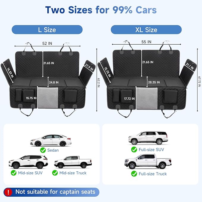 Dog Car Seat Cover for Back Seat Waterproof Oxford Fabric, Hard Bottom Seat Extender, Scratchproof, Anti-Slip, Dog Hammock for Car with Mesh Window, Fit Full Size Truck, Black