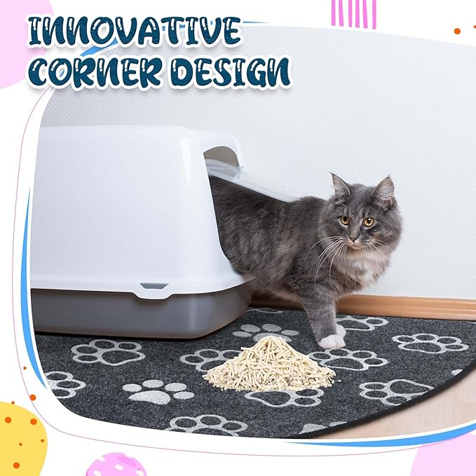 Drydiet Corner Cat Litter Trapping Mat Water Resistant Cute Paw Pattern Corner Litter Mat, 29" x 29" Gray Traps Mess from Box Protects Floors Machine Washable Urine Proof Soft on Kitty Paws Absorbent