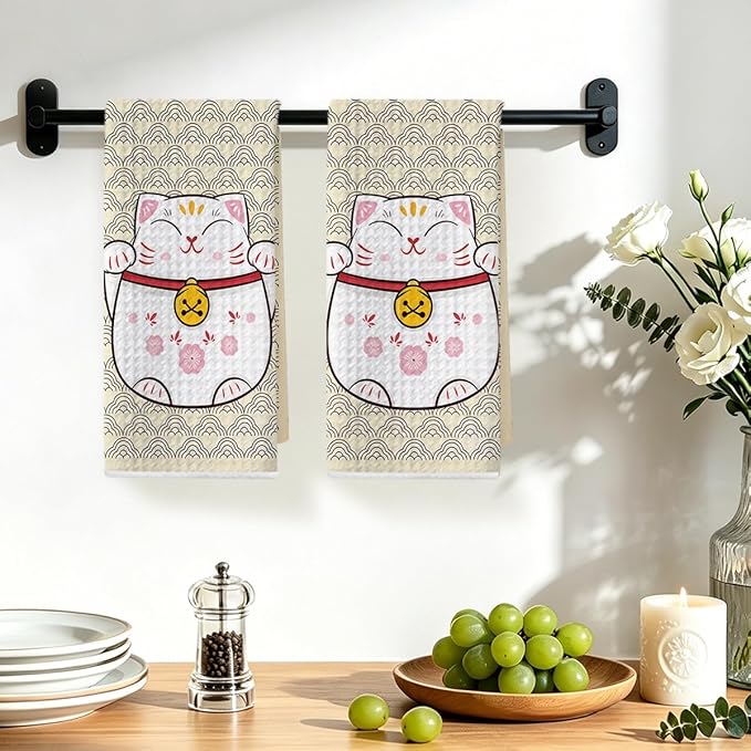 2 Pcs Cute Cat Kitchen Towels 14x24 Inch, Adorable Cats Waffle Hand Towels for Kitchen Home Farmhouse, Cat Lover Gifts for Cleaning Drying Wiping Tasks Dish Cloth Tea Towel Housewarming Gifts