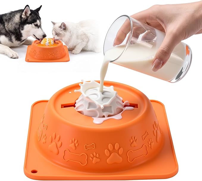 Slow Feeder Dog Bowls, Anti-Slip Dog Lick Bowl with Interactive Rolling Ball, Anxiety Relief Liquid Treat Feeder, Bone Broth Yogurt Licking Toy for Small Medium Large Dogs and Cats(Orange)