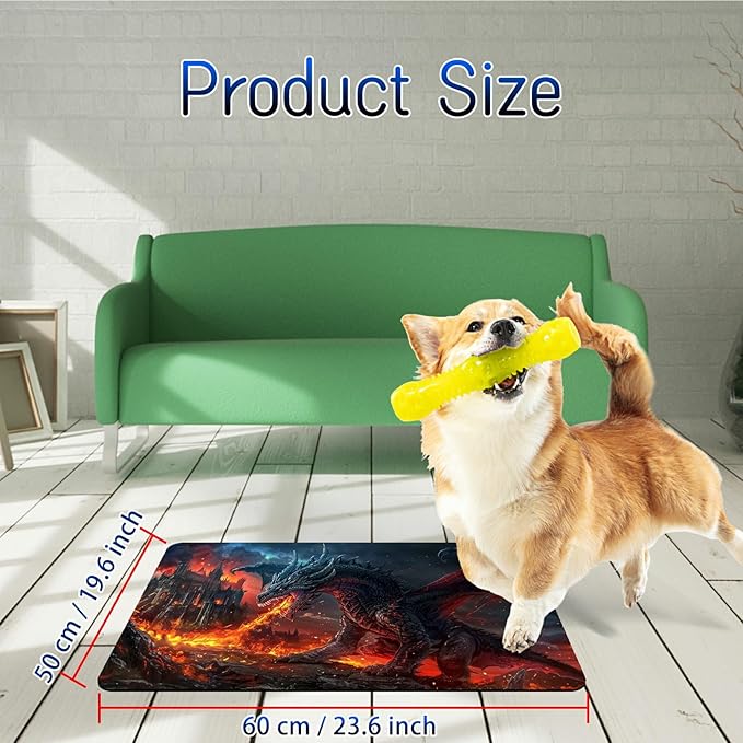 Dog Food Mat, 19.6" x 23.6" Absorbent Pet Feeding Mat for Food and Water, Waterproof Diatom Mud Pet Placemat with Non-Slip Rubber Backing, Cat Bowl Mat for Floors - Flaming Gray Dragon