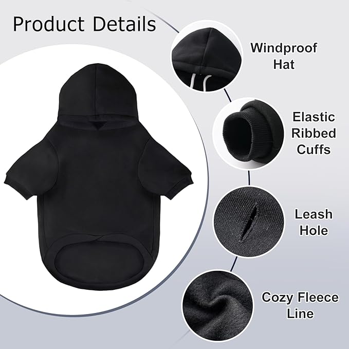 Dog Basic Hoodie Soft Dog Clothes Cold Weather Sweaters for Medium Large Dogs Cozy Fabric Warm Sweatshirt with Leash Hole for Boys (Black, Large (20-35 lbs))