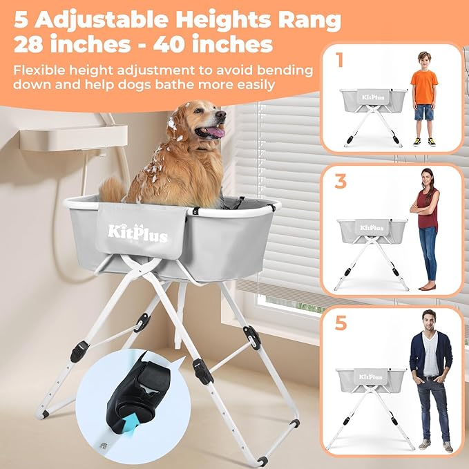 KITPLUS Portable Dog Bathtub, 5 Height Adjustable Dog Washing Station for Pet Shower and Grooming Foldable Bathing Tub with Storage & Anti-Slip Design for Small Large Dogs Cats
