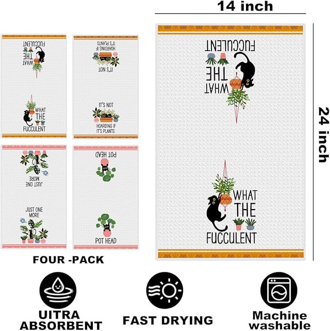 Hanamiya Na 4 Pcs Funny Cat Kitchen Towels, Plant Lover Gifts for Women Gardener Mom, Reusable Waffle Hand Towels for Bathroom Kitchen Home Farmhouse Decor, Cat Lover Gifts for Women, 24x14 Inch