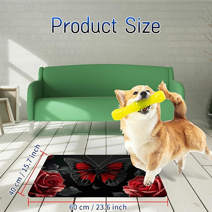 Dog Food Mat, 15.7" x 23.6" Absorbent Pet Feeding Mat for Food and Water, Waterproof Diatom Mud Pet Placemat with Non-Slip Rubber Backing, Cat Bowl Mat for Floors - Red Butterfly Flower
