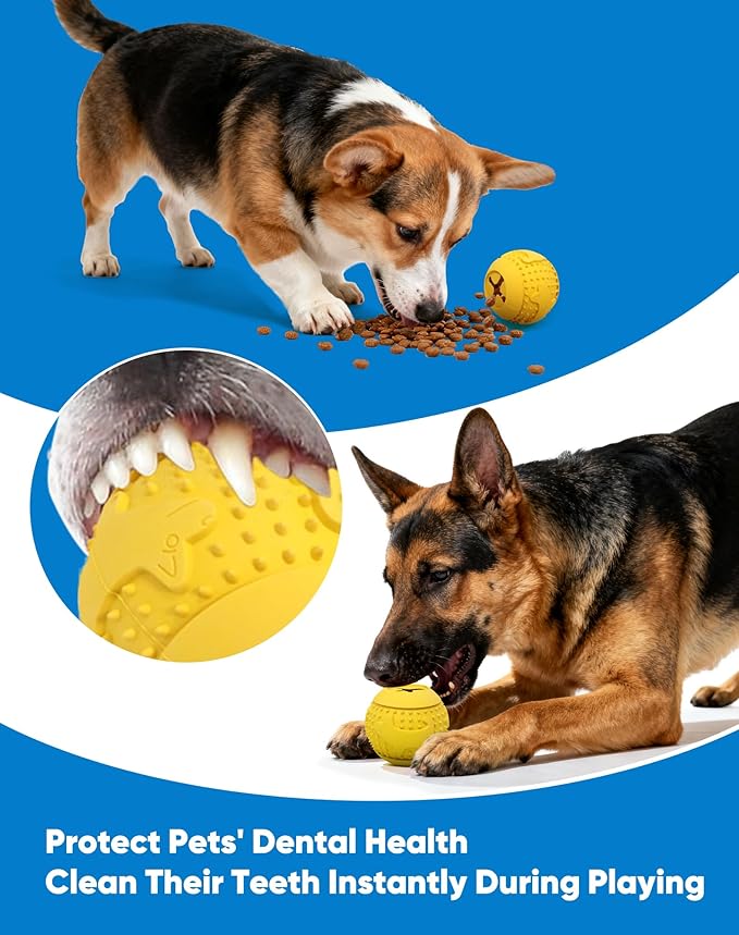 Deeow Rubber Dog Chew Toy Ball, Treat Dispenser for Pet Chewers, Food Grade TPR Teething Shell, Enrichment Puzzle, World Cup Soccer Slow Feeder Dog Toys for Dental Care and Enrichment -Yellow