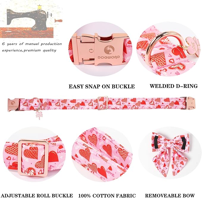 DOGWONG Valentine's Day Dog Collar with Bow Tie - Adorable Pet Collar Red Hearts with Rose Gold Buckle for Large Medium Small Dog Walking, XS