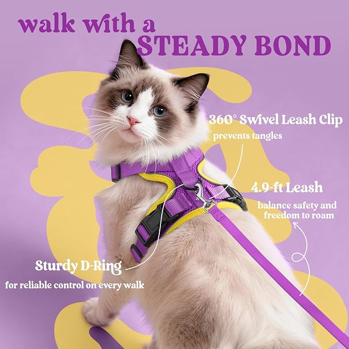 rabbitgoo Cat Harness and Leash Set, Escape Proof Kitten Harness for Safe Outdoor Walks, Soft Breathable Adjustable Vest with Reflective Strips for Kittens and Extra Small Cats, Purple & Yellow, XXS