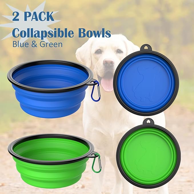Collapsible Dog Bowls [2 Pack] 34 oz, Travel Dog Bowls, Pet Bowl Portable Foldable Water Food Feeding Dishes with Carabiner Clip for Traveling Hiking Walking-Green & Blue
