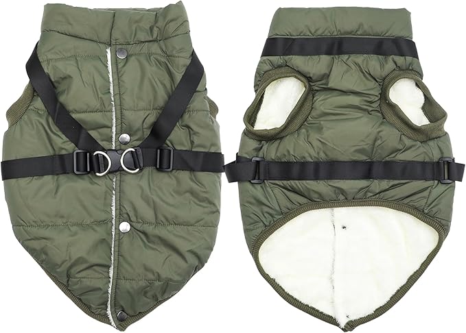 JoyDaog Dog Jacket with Harness,Fleece Lined Warm Puppy Coat for Winter,Soft Windproof Large Dog Vest,Green XXL
