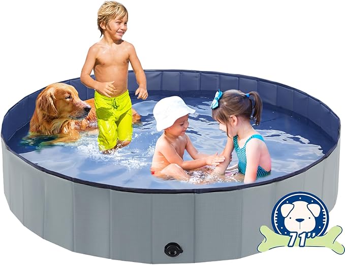 Eooqi Foldable Dog Pool, Portable Pet Bath Tub and Kiddie Swimming Pool, Collapsible Bathtub for Puppies, Small, Medium and Large Dogs, Cats and Kids, 71 x 12in, Gray