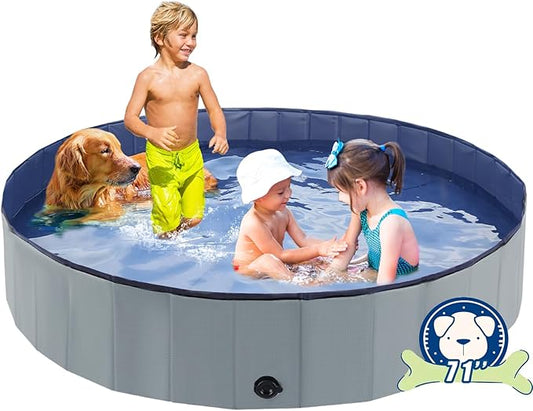 Eooqi Foldable Dog Pool, Portable Pet Bath Tub and Kiddie Swimming Pool, Collapsible Bathtub for Puppies, Small, Medium and Large Dogs, Cats and Kids, 71 x 12in, Gray