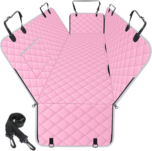 NECKORY Waterproof Dog Car Seat Cover for Back Seat - Durable, Scratch Proof Pet Hammock with Nonslip Design & Storage Pockets, Fits Cars, SUVs, Trucks - L, Pink/Grey