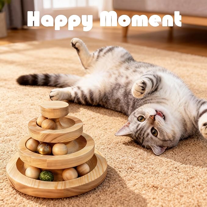 Solid Wood Cat Ball Track,Heavy Duty 3-Tier Interactive Cat Toy Tower with 9 Removable Balls,Bell & Catnip,No Assembly Required,Anti-Tip Sturdy Base for Indoor Cats, Kittens & Large Cats