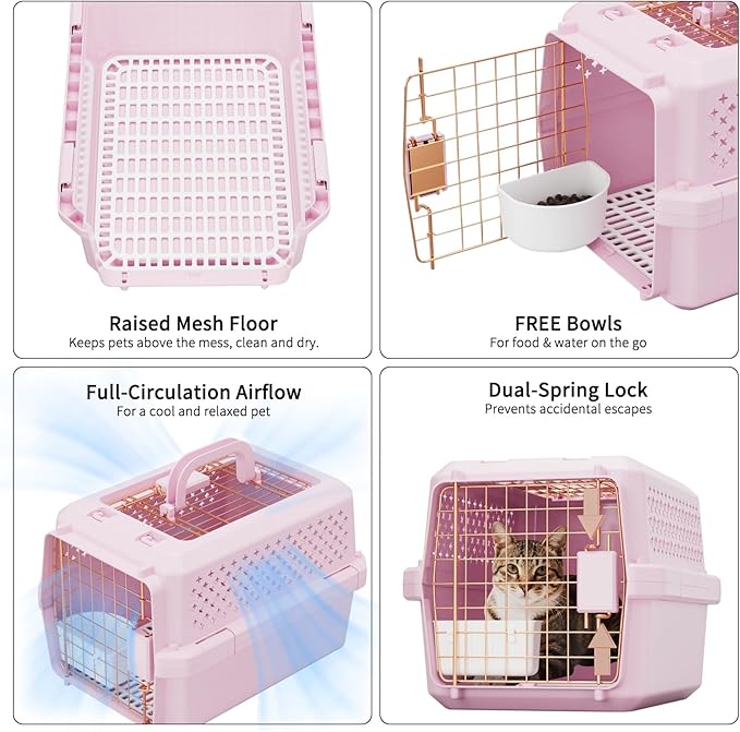RIZZARI Portable Cat Carrier for Small Cats & Dogs:Secure Hard-Sided Pet Carrier with Ventilation - Metal Door & Carry Handle for Travel - Vet Visits & Daily Use (Pink, X-Small)