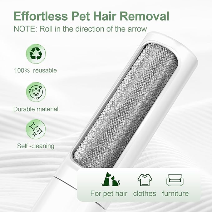 Pet Hair Remover Tool - Reusable Lint Roller Lint Brush for Cat & Dog Hair on Furniture, Clothes, Couches, Car Seats, and Fabric - No Refills, Eco-Friendly and Portable (White)