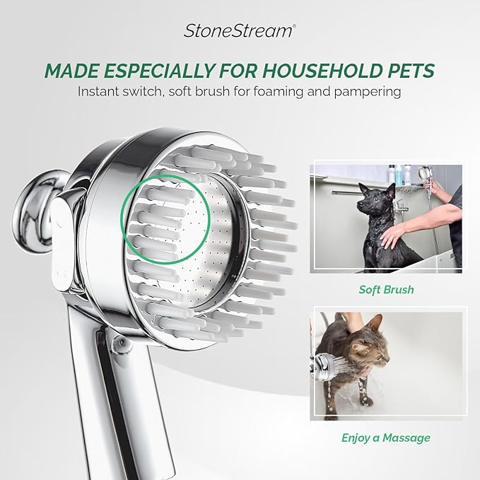 StoneStream Handheld Shower Head with Soft Comb for Foaming and Pampering Pets | High Pressure Showerhead with 3 Sprayer Setting, Built-in Bristles for a soothing grooming Routine for Dogs, Cats