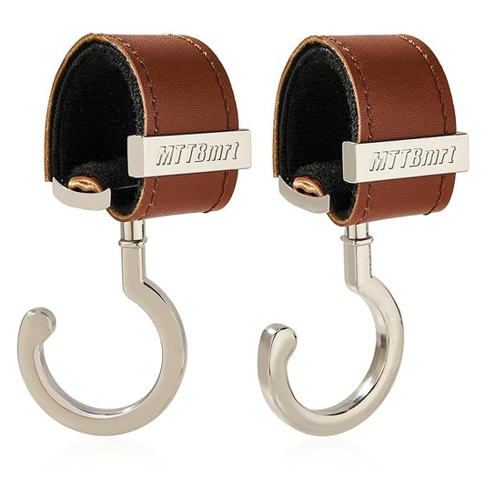 2 Pack Stroller Hooks,Strong Synthetic Leather Hook-and-Loop Fastener&High-Quality Metal Hooks,Universal Bag Clip|360° Rotation, 66lb Capacity,Non-Slip-Fits Wheelchair(Brown-Silver)