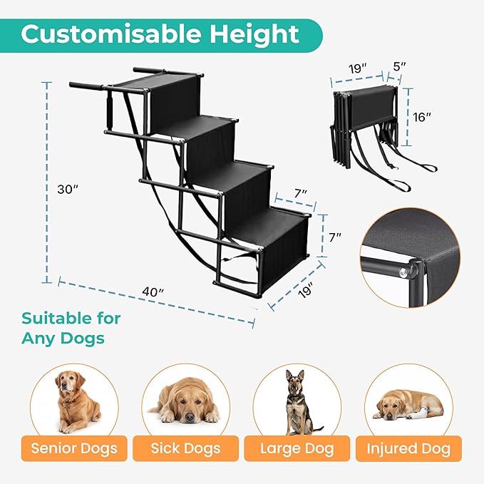 Dog Stairs for Car, Truck & SUV – Foldable Dog Steps for Small & Large Dogs with Anti Slip Surface & Poop Bag Dispenser, Lightweight Dog Ramp Holds Up to 130lbs