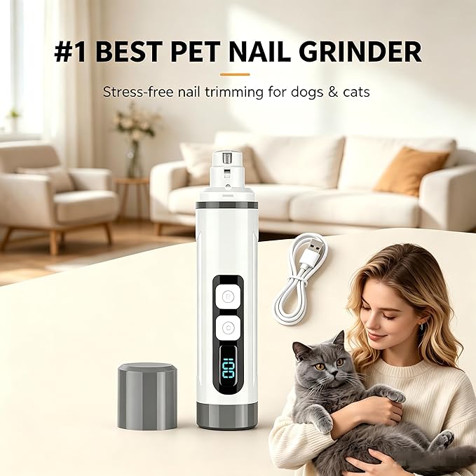 Dog Nail Grinder Quiet- 3-Speed Dog & Cat Nail Grinder with LED Light & Battery Display & Upgrade Grinding Head - Painless Nail Trimmer for Small to Large Pets, Thick Nails, and Sensitive Paws