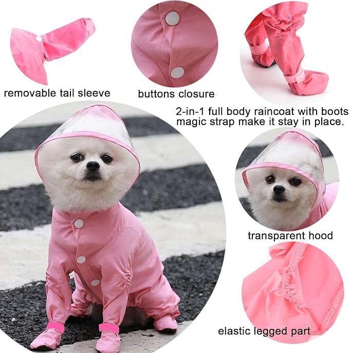 Zunea Waterproof Dog Raincoat with Hood for Small Dogs Rain Poncho Jumpsuit with Rain Boots Puppy Hooded Slicker Rainwear Four-Legged Pet Rain Jacket for Walking Pink XXL
