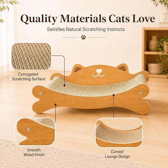 Cat Scratcher Bed for Indoor Cats - Summer Cool Hammock, 23.2″ Large Scratching Lounge with 40 lbs Weight Capacity, Wooden Modern Cat Scratching Post & Pad Furniture