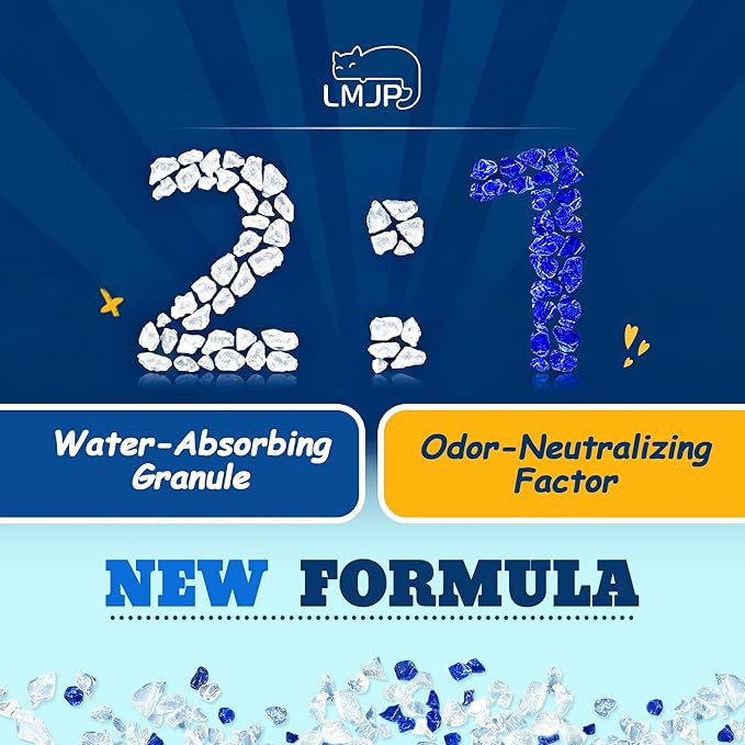 LMJP Crystal Cat Litter with Powerful Odor Control, Non-Clumping, Lasts Up to 4 Months, 17.2lb, Rapid Water Absorption, Unscented & Low Tracking Lightweight Blue & White Silica, 4 Pack of 4.3lb