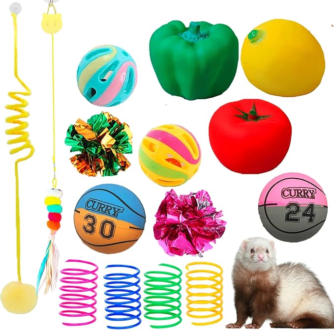 15pcs Ferret Squeaky Toys Set Rubber Balls Ferret Teeth Grinding Chewing Balls Teething Bouncy Bell Ball Interactive Sound Squeaker Toy Exercise Scratch Chew Toy for Ferrets Pet Cat Dog Small Animals
