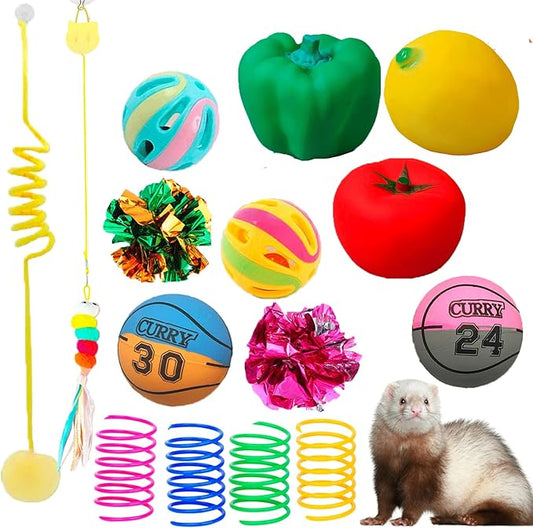 15pcs Ferret Squeaky Toys Set Rubber Balls Ferret Teeth Grinding Chewing Balls Teething Bouncy Bell Ball Interactive Sound Squeaker Toy Exercise Scratch Chew Toy for Ferrets Pet Cat Dog Small Animals
